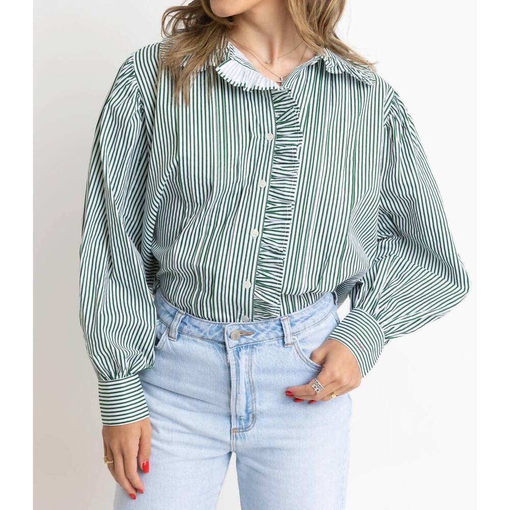 NEW KARLIE striped ruffle trim top in green - Picture 4 of 4